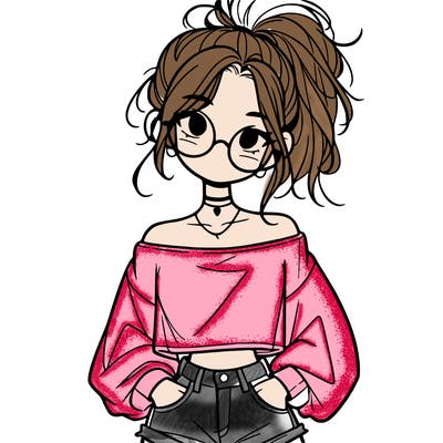 girl with a messy ponytail glasses a baggy crop top and jean shorts