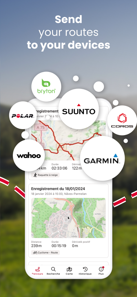 OpenRunner – Bike, hike, trail - OpenRunner app interface showing route synchronization with GPS brands like Garmin, Suunto, and Wahoo