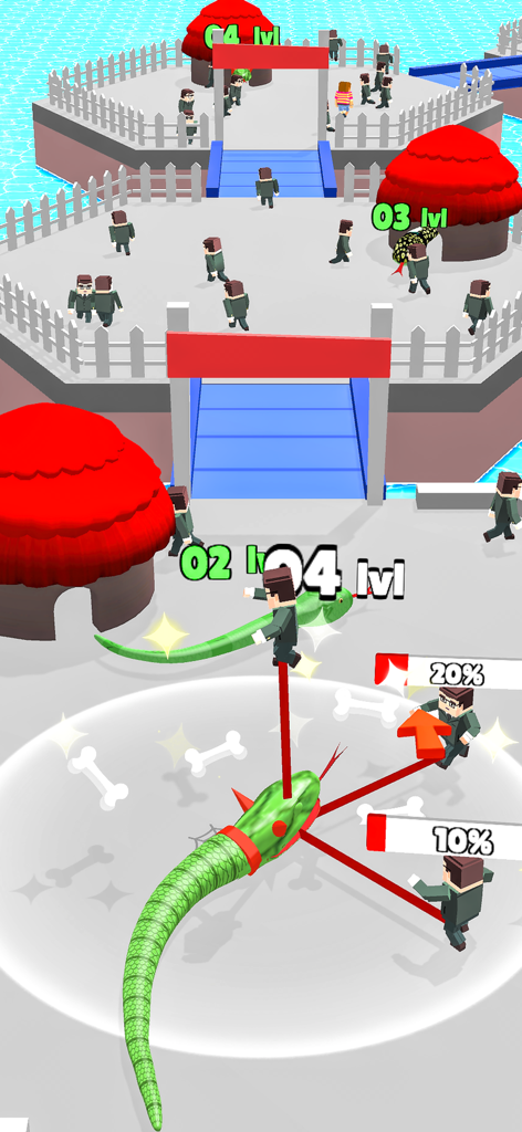 Una serpiente verde devorando personajes humanoides y atacando cabañas en un entorno de juego libre en 3D