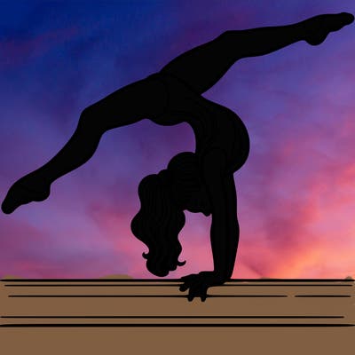 gymnast doing split handstand on a beam