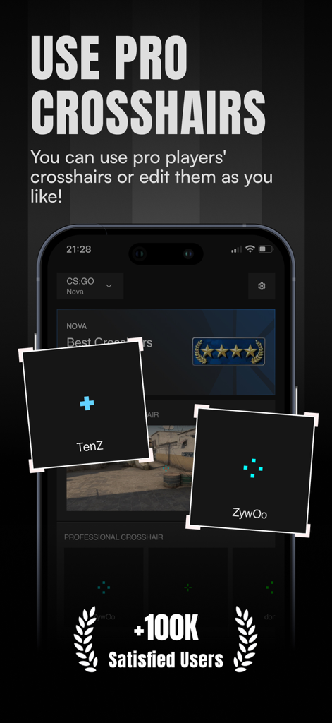 Mobile app interface showing professional crosshair designs for players like TenZ and ZywOo