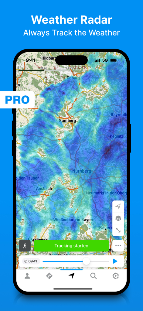 bergfex: Hiking & Tracking - Bergfex hiking app weather radar interface with rain tracking overlay