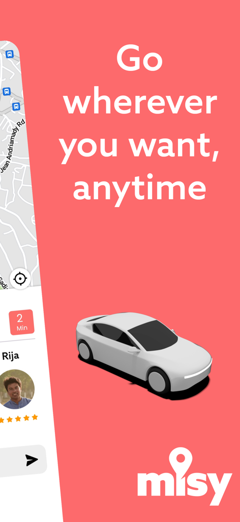 Misy - Interfaz de la aplicación de viajes compartidos Misy con un coche blanco y el lema Ve a donde quieras en cualquier momento