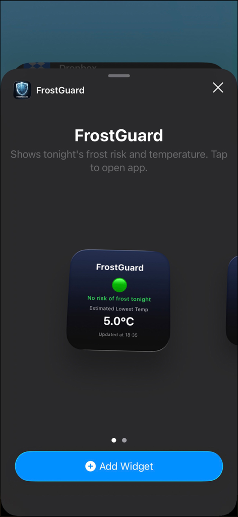 FrostGuard - iOS widget preview for the FrostGuard app showing no frost risk and an estimated temperature of 5 degrees Celsius
