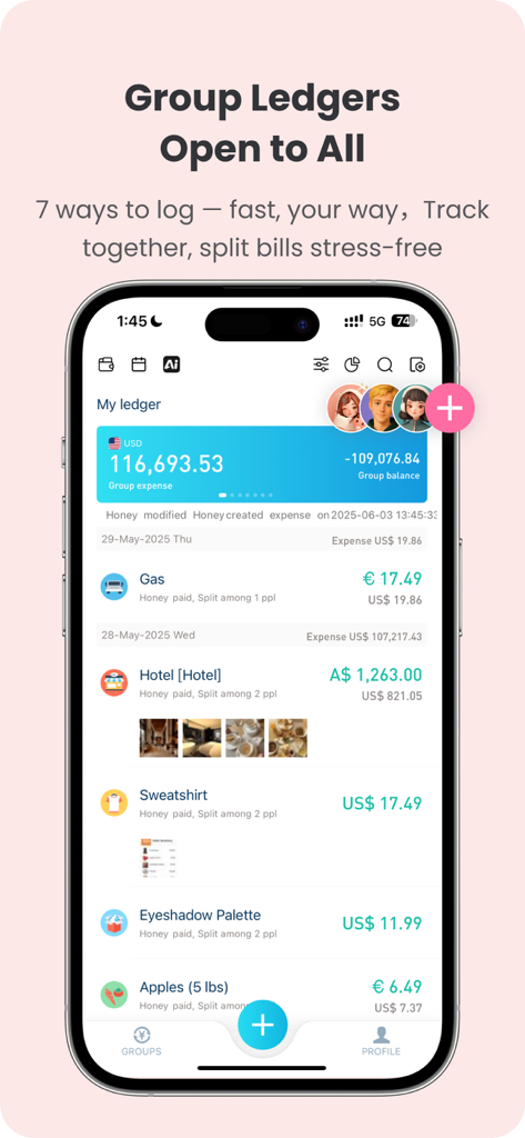 BestTracker app interface showing shared group ledgers and bill splitting for friends and roommates