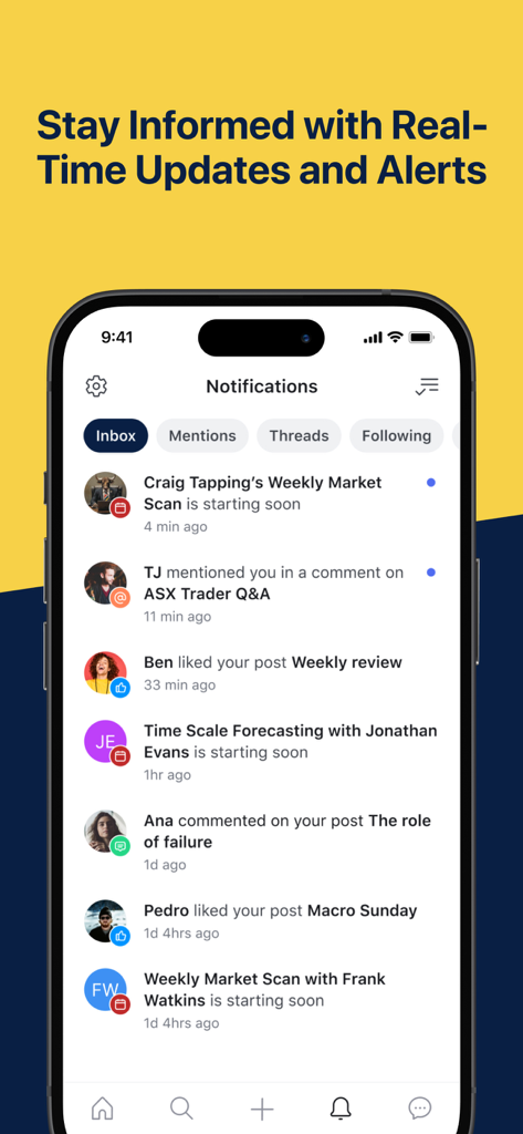 Mastering the Markets Academy - The notifications screen of the Mastering the Markets Academy app displaying market scan alerts and social interactions.