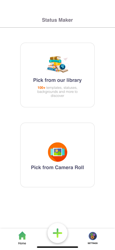 Status Saver Video Photo Save - Status Maker screen with choices to pick from a template library or the device camera roll.