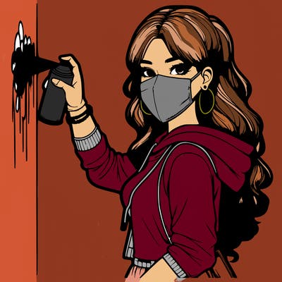 realistic girl with mask spray painting a wall