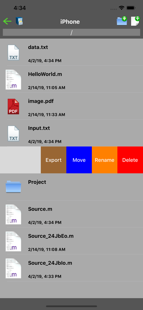 Madona: Run MATLAB/Octave code - File management interface in Madona app showing a list of MATLAB scripts and text files with edit options like export and delete
