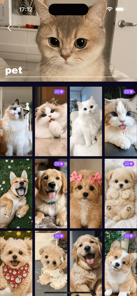 A display of cute dog and cat live wallpapers within the pet category of the Wallify app