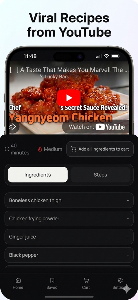 YouChef: AI Video Recipe Saver - YouChef app displaying an ingredient list extracted from a viral YouTube cooking video.