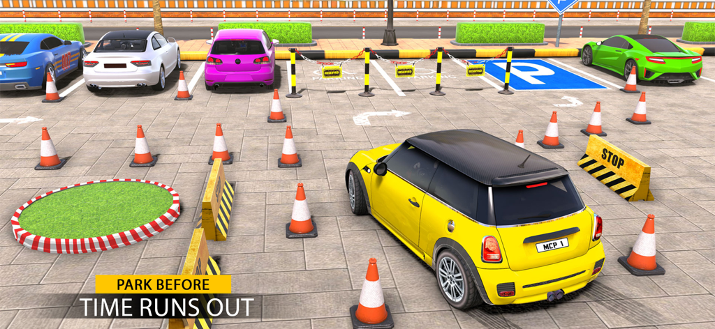 Car Driving School Parking Sim - Un hatchback amarillo navegando a través de un campo de obstáculos de conos de tráfico en un simulador de estacionamiento de coches.