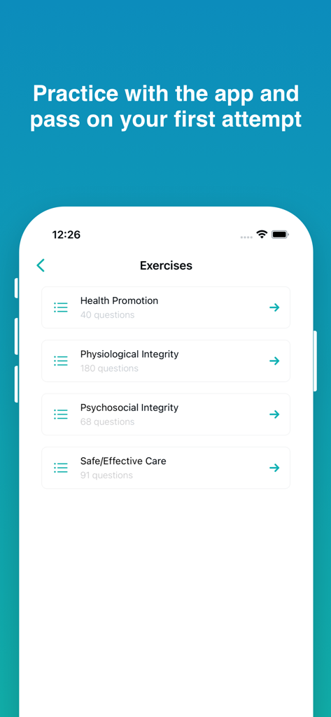 NCLEX-RN Prep app interface displaying various nursing exam study categories.