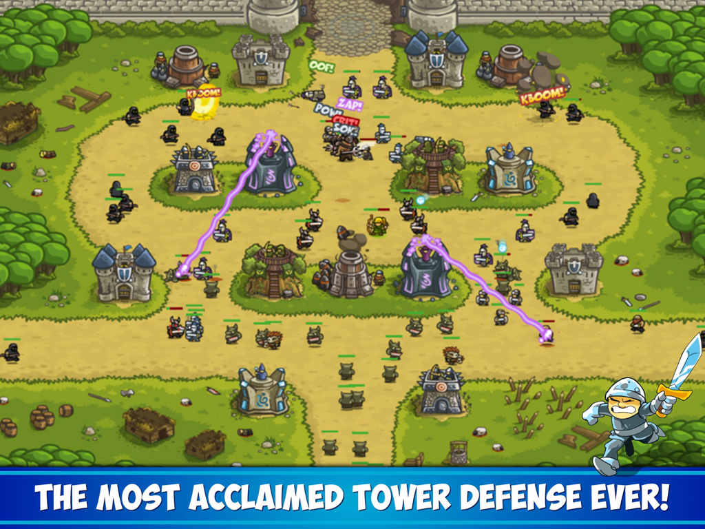 Strategic tower defense battle in Kingdom Rush HD featuring mage and archer towers defending a path against enemy hordes.