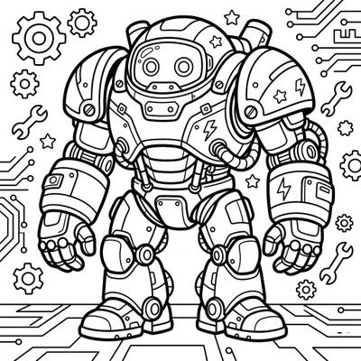 Prepare for an epic coloring adventure with this cool exoskeleton robot! Kids will love bringing this mighty mech to life with their favorite colors amidst a backdrop of gears and circuits.