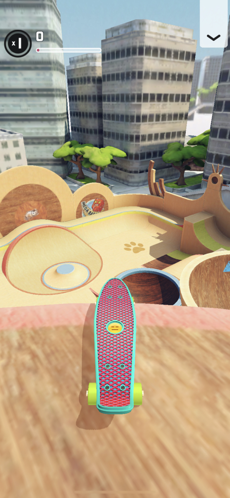 Touchgrind Skate 2 - A custom pink and blue skateboard at the edge of a wooden ramp in a 3D skatepark environment.