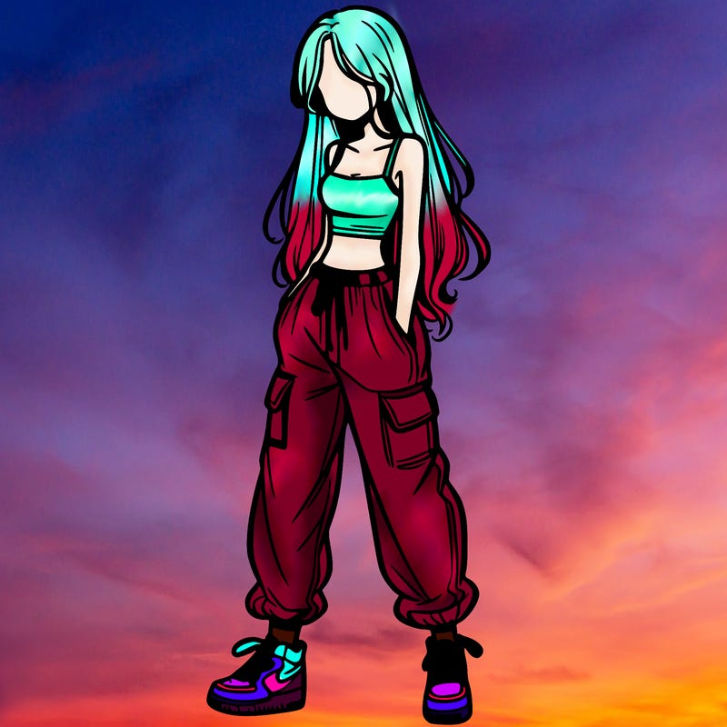 girl in baggy pants crop top and long hair