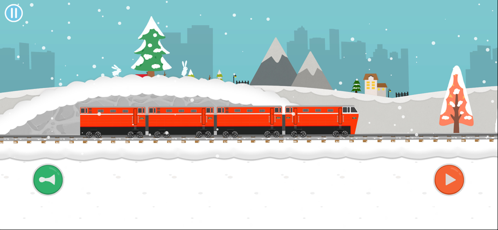 A red brick train driving through a snowy landscape with mountains and a decorated Christmas tree