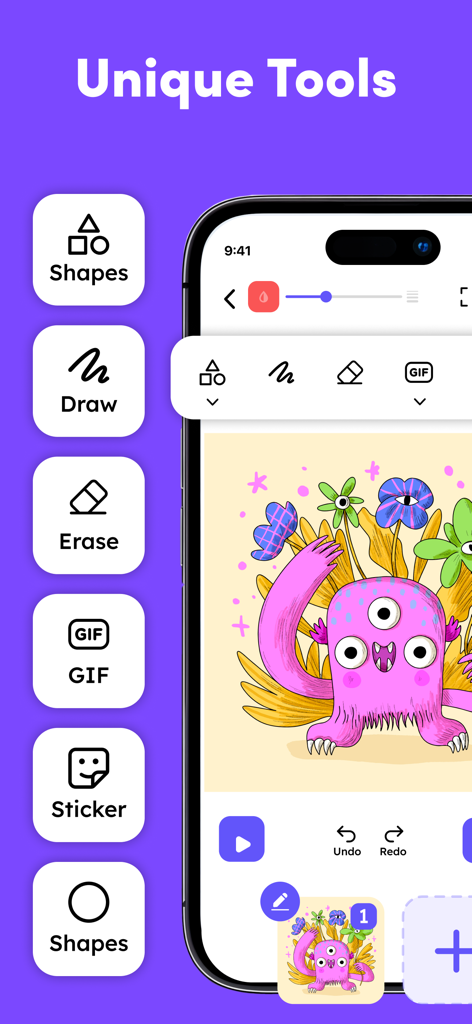 A mobile interface for Draw Animation app showcasing unique drawing tools and a pink monster illustration