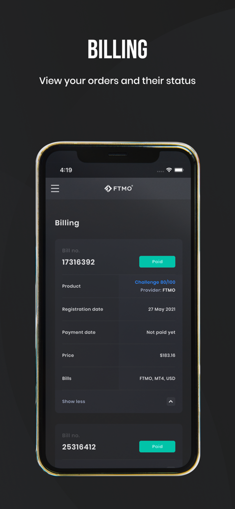 FTMO mobile app billing section displaying order history and payment status