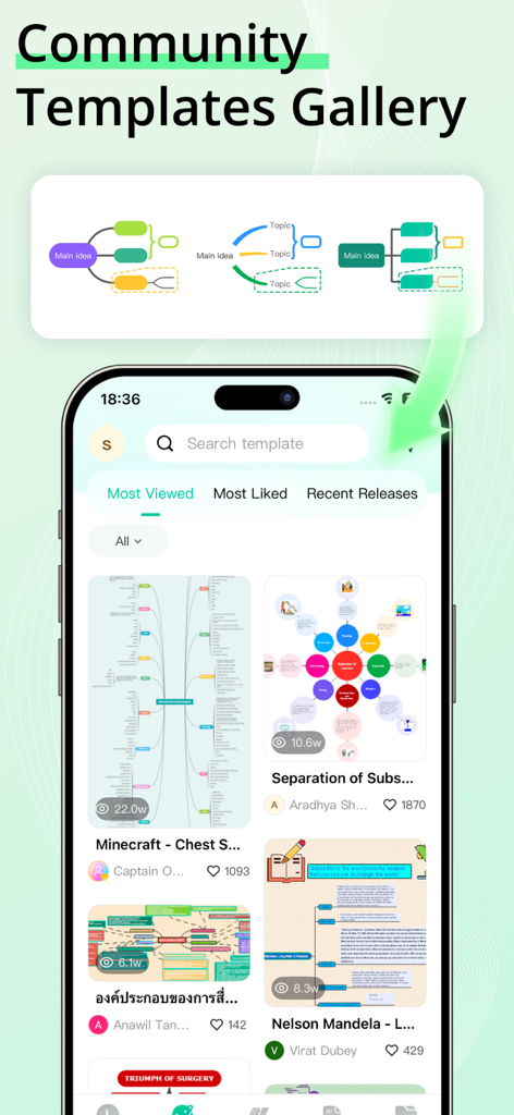 Uma tela de celular exibindo a galeria de modelos da comunidade EdrawMind com vários exemplos de mapas mentais.