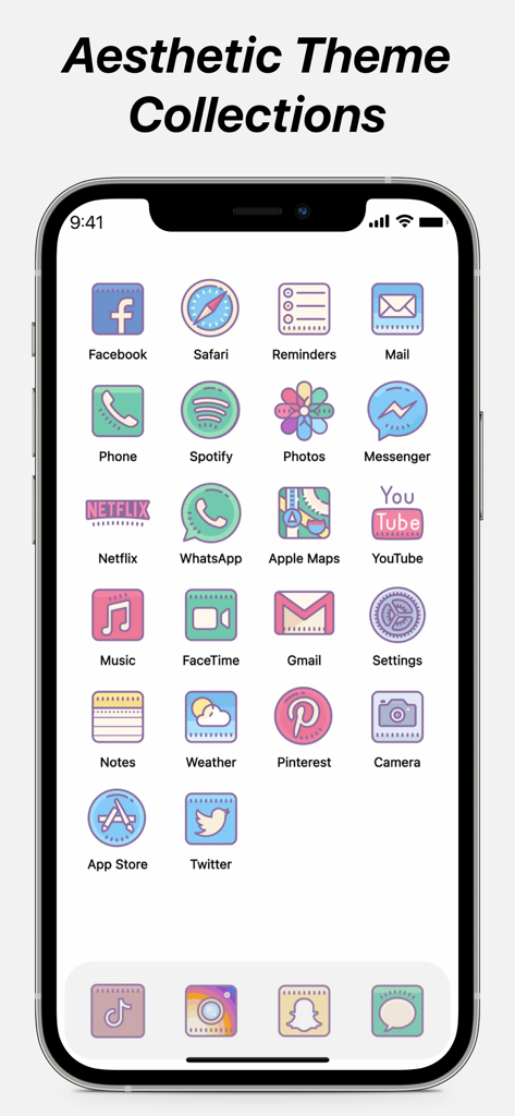Colecciones de iconos de aplicaciones estéticas en un tema pastel en la pantalla de un iPhone