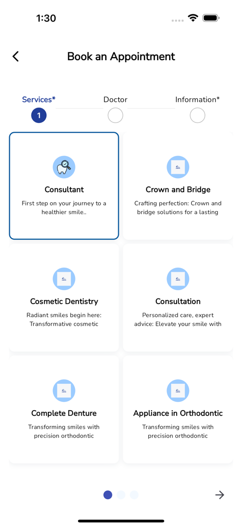RTDC App - Mobile screen for booking a dental appointment on the RTDC app showing various dental services