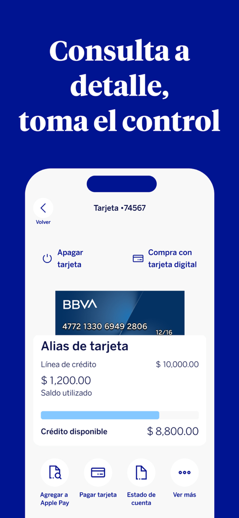 Interface do aplicativo móvel BBVA Mexico mostrando detalhes do cartão de crédito, crédito disponível e controles de segurança do cartão