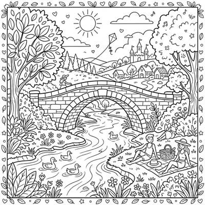 Capture the essence of a perfect summer day with this delightful stone bridge coloring page. Immerse yourself in a serene scene featuring a charming picnic, playful ducks, and picturesque landscapes, ready for your creative touch.