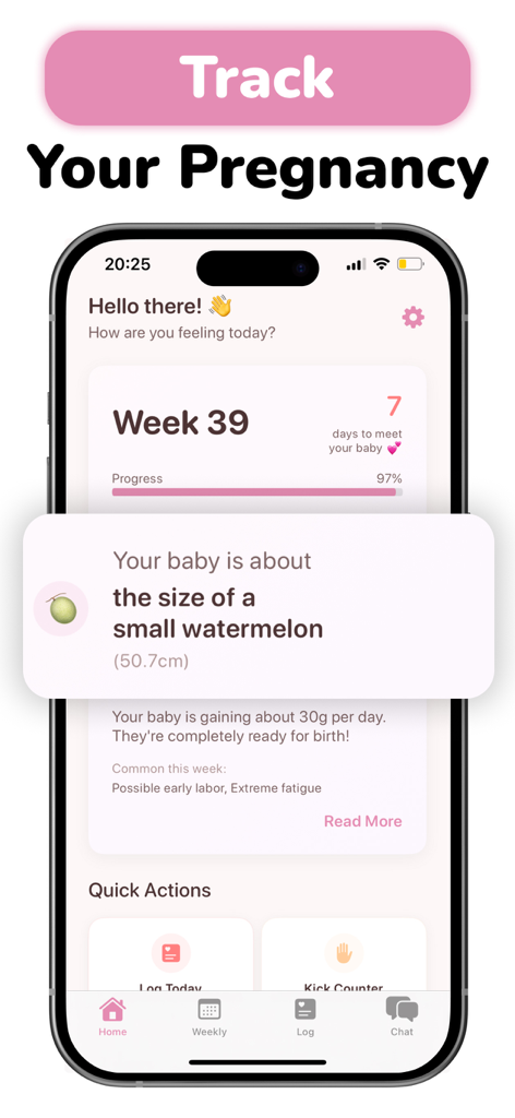 Track Pregnancy: Baby Tracker - Una interfaz de aplicación de seguimiento del embarazo que muestra el progreso de la semana 39 con una comparación del tamaño del bebé con una sandía.