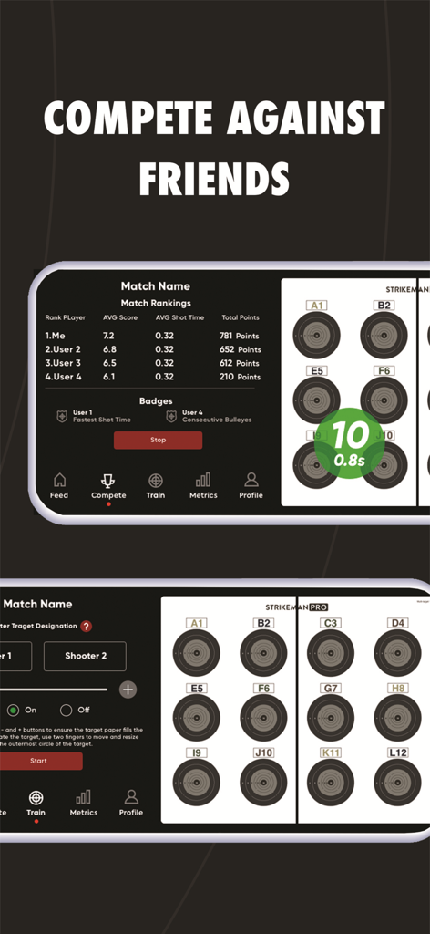 Strikeman - Strikeman app interface showing match rankings and shooting target practice modes for competing against friends