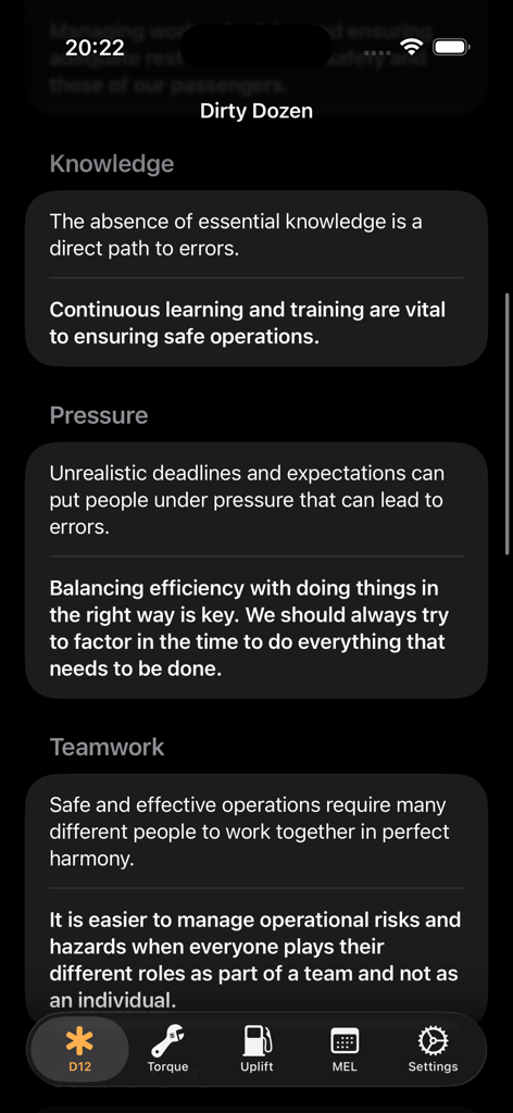 easyB1 - easyB1アプリの画面。航空機メンテナンスにおける Dirty Dozen ヒューマンファクターに関する情報を表示しています。