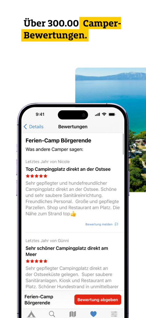 Captura de pantalla de la app ADAC Camping mostrando reseñas detalladas y valoraciones de campings europeos