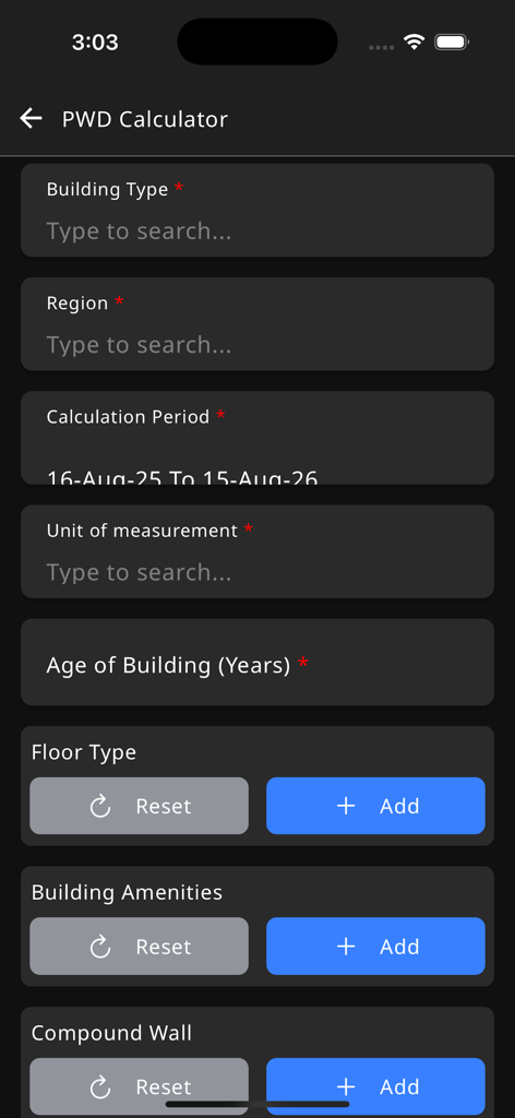TNREGINET - TNREGINET app interface showing the PWD Calculator for property building valuation and details