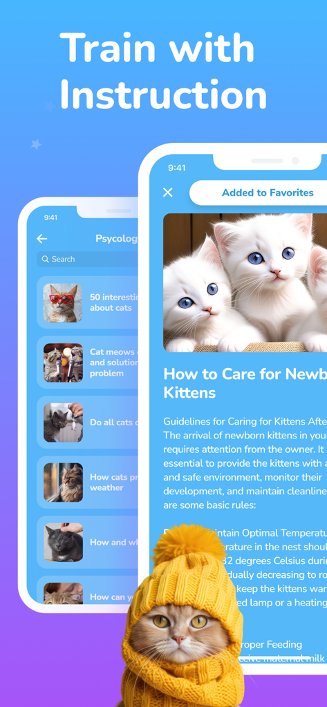 Cat Simulator - Сhat Meow - Mobile app interface for Cat Simulator showing articles on kitten care and cat psychology.