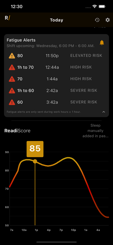 ReadiOne by Fatigue Science - Painel do aplicativo ReadiOne exibindo alertas de risco de fadiga e gráfico preditivo de ReadiScore para trabalhadores em turnos