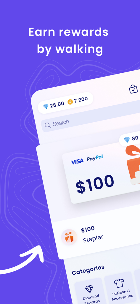 Stepler - Walk & Earn - Interface do aplicativo Stepler mostrando um cartão de recompensa de cem dólares e moedas ganhas ao caminhar