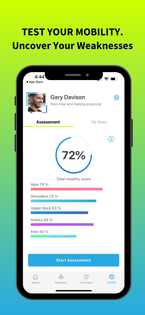 Stretch Mode: Stretching - Mobile app screen showing a total mobility score of 72 percent with joint breakdown for hips shoulders and back