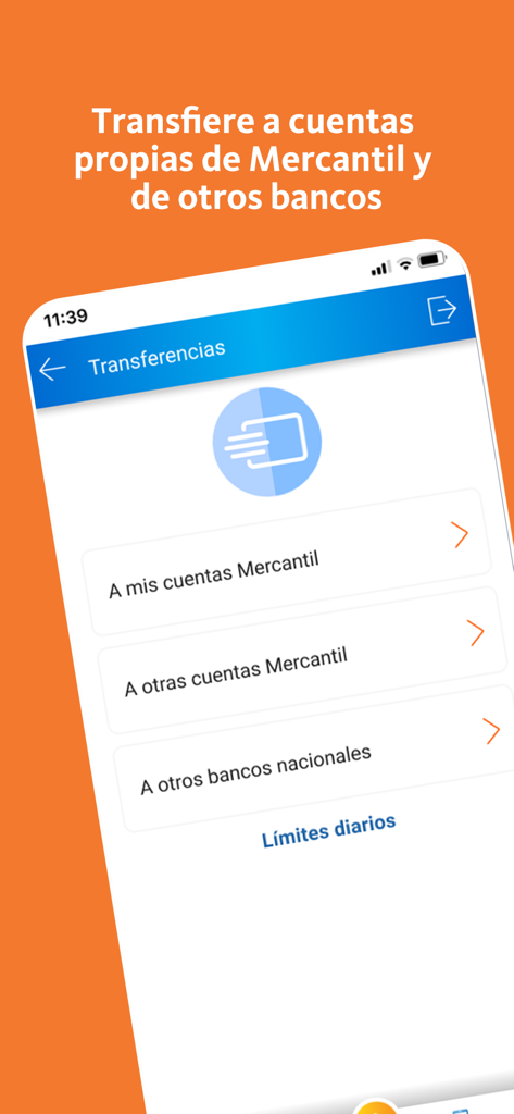Mercantil Banco - Mercantil Banco mobile app interface for selecting bank transfer destinations