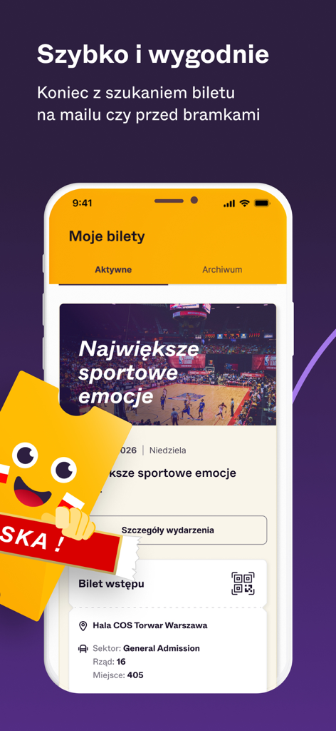 eBilet - Smartphone screen showing a digital sports ticket in the eBilet app wallet
