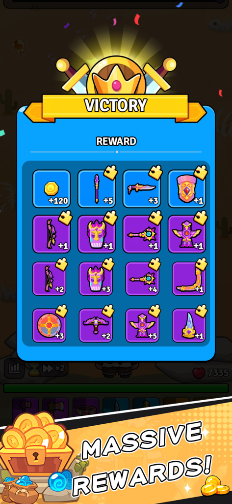 Backpack Fight - Bag Games - Victory screen in Backpack Fight game displaying massive rewards including coins and weapon equipment shards.