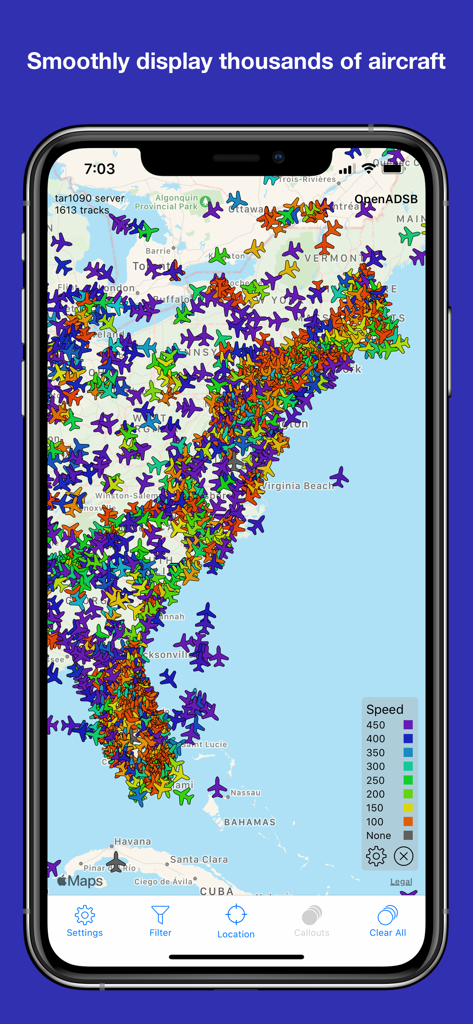 OpenADSB - OpenADSB mobile app screenshot showing thousands of aircraft tracked on a map with a speed color legend.