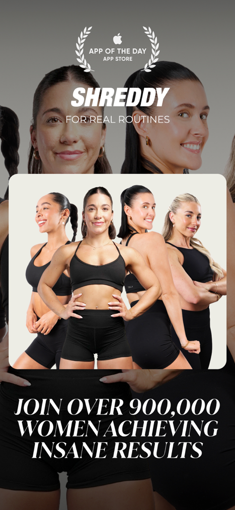 Four women in black athletic wear posing for the SHREDDY fitness app with text highlighting over 900,000 users
