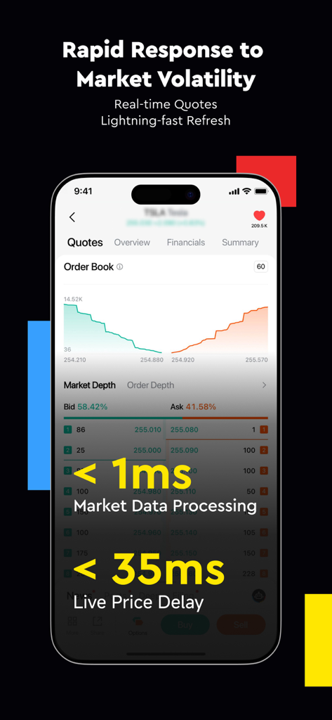 Longbridge app interface highlighting ultra low latency market data processing and real time stock quotes for active traders