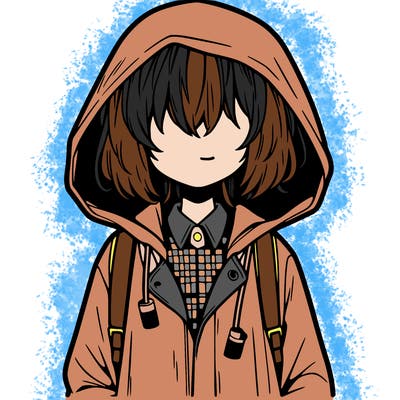 little anime girl in a raincoat her hair is covering her eyes she has a lighter