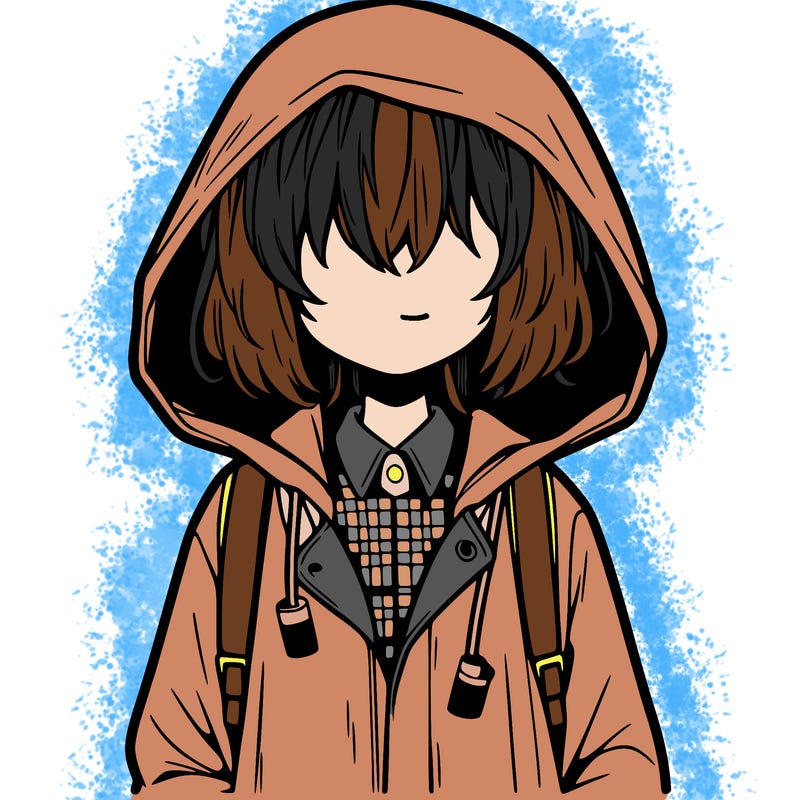 little anime girl in a raincoat her hair is covering her eyes she has a lighter