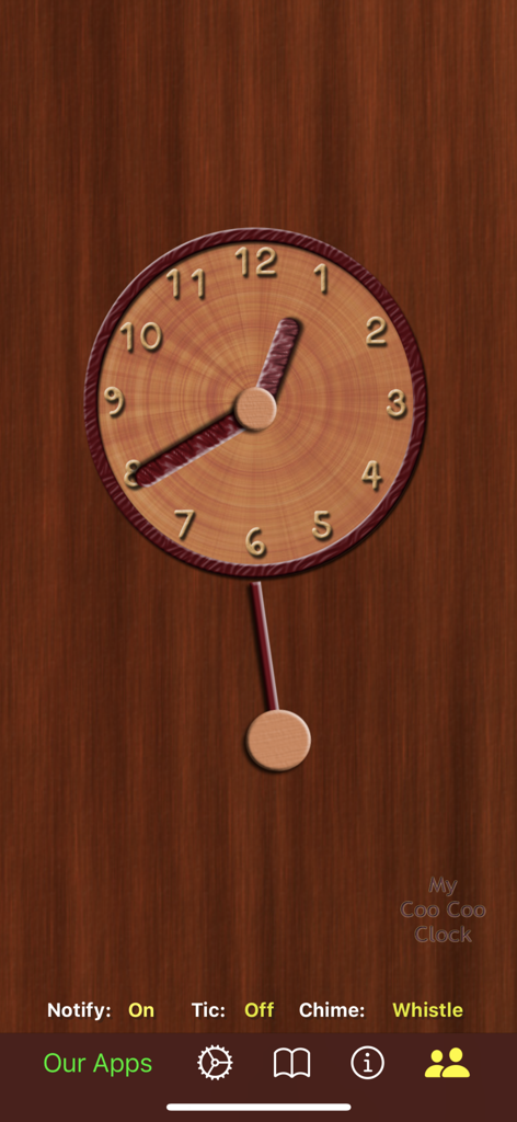 A wooden analog clock face with a swinging pendulum on a dark wood background