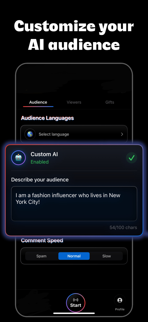Go Live Simulator - Go Live Simulator app interface showing options to customize the AI audience and influencer persona settings