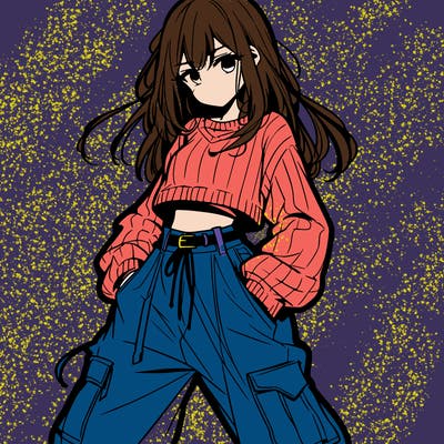 anime teen girl with baggy pants and crop top with sweater