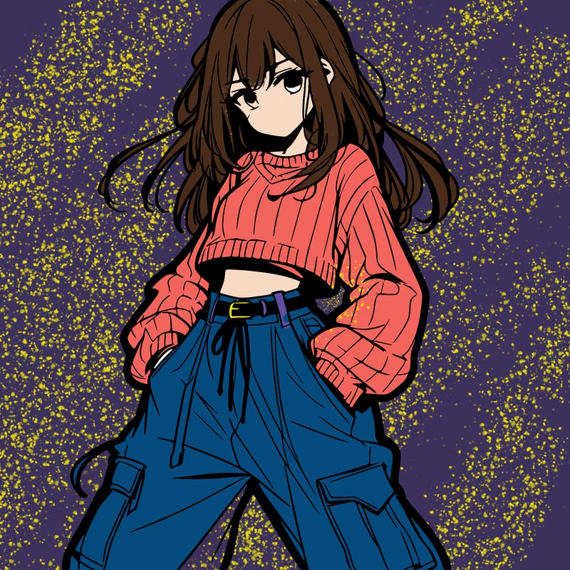 anime teen girl with baggy pants and crop top with sweater